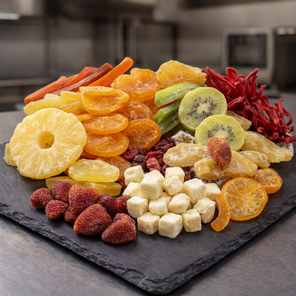 Candied fruits and dehydrated fruits used in pastry
